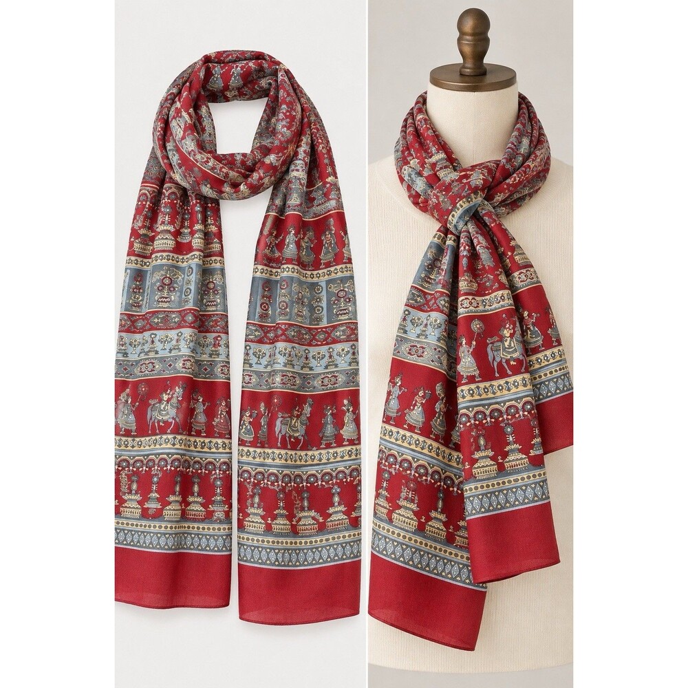 Red Silk Scarf With Paisley global-inspired Print 68” X 20” Artsy Historical EUC